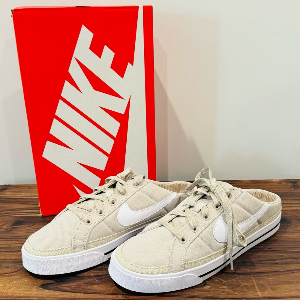 Women’s Nike court Legacy Mule size 8.5; tan & white sneaker; BRAND new!